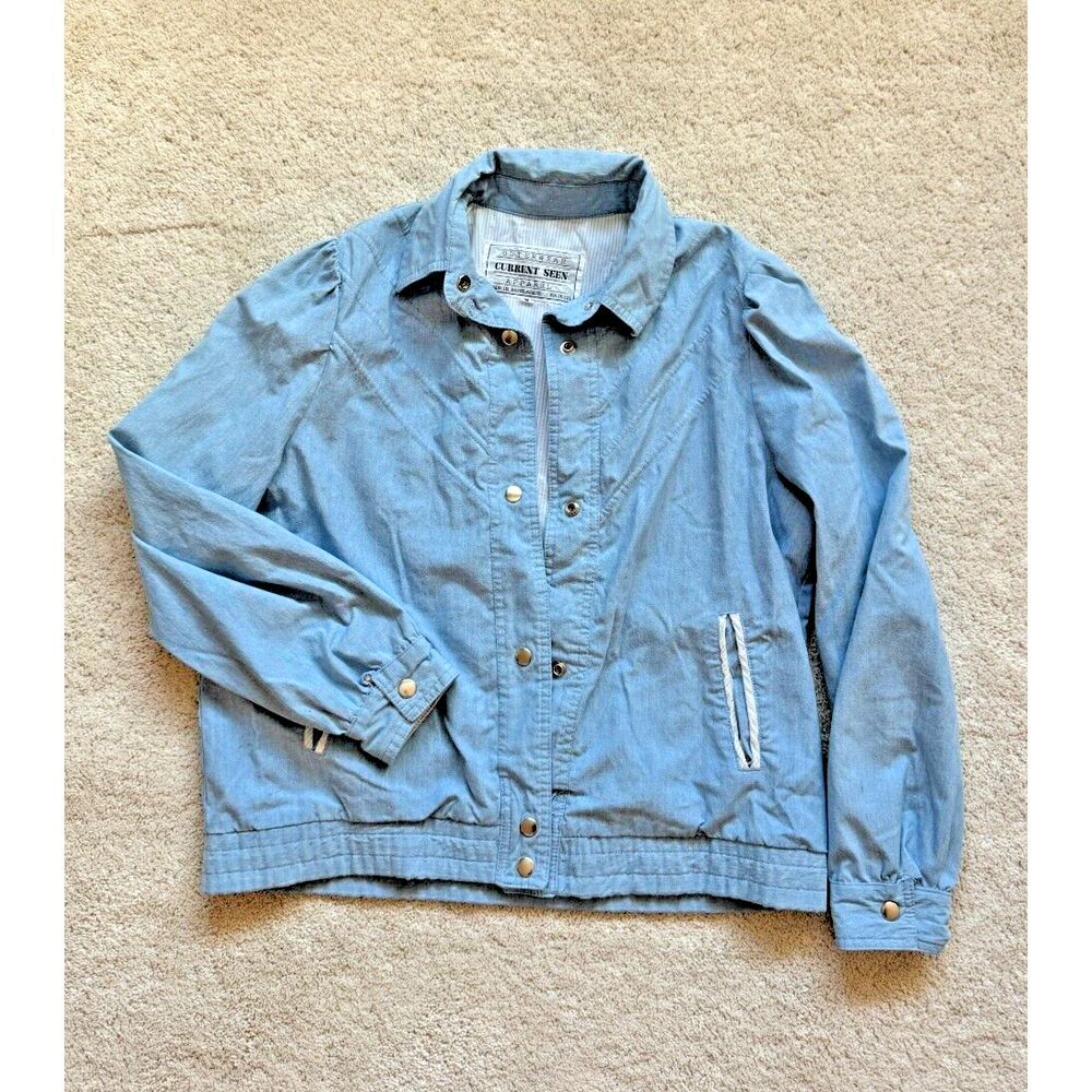 Current Seen Vintage Denim Bomber Jacket Flannel M Y2K Snap Button‎ Puff sleeves